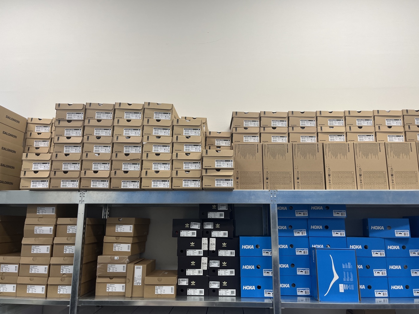 Footwear stock across warehouse shelves